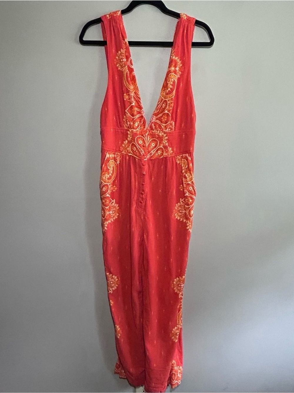 Free People Small Orange Paisley Open Back Wide Leg Boho Jumpsuit Pockets - Picture 3 of 8